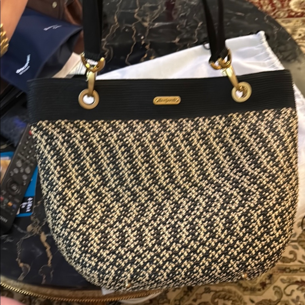 Charming Eric Javits Black and Tan Shoulder Bag with Gold-Tone Accents